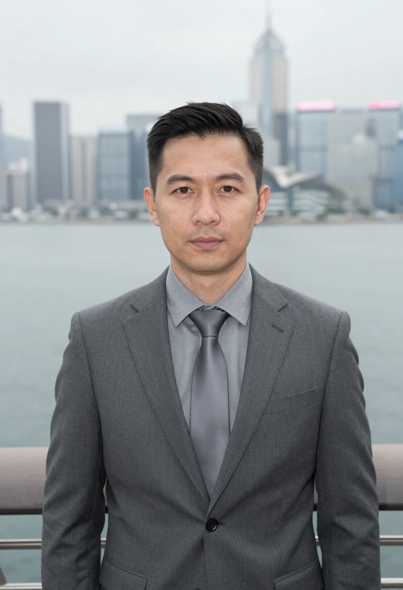 AI hong kong central banker slate sample — portrait of a man, framed as a tight headshot from the crown