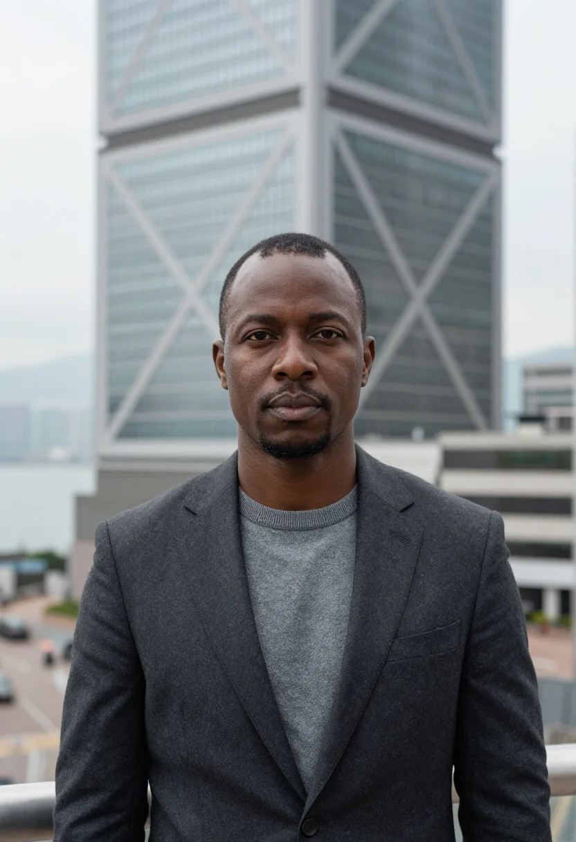 AI hong kong central barrister grey glass sample — portrait of a man, a Nigerian-British barrister in his forti