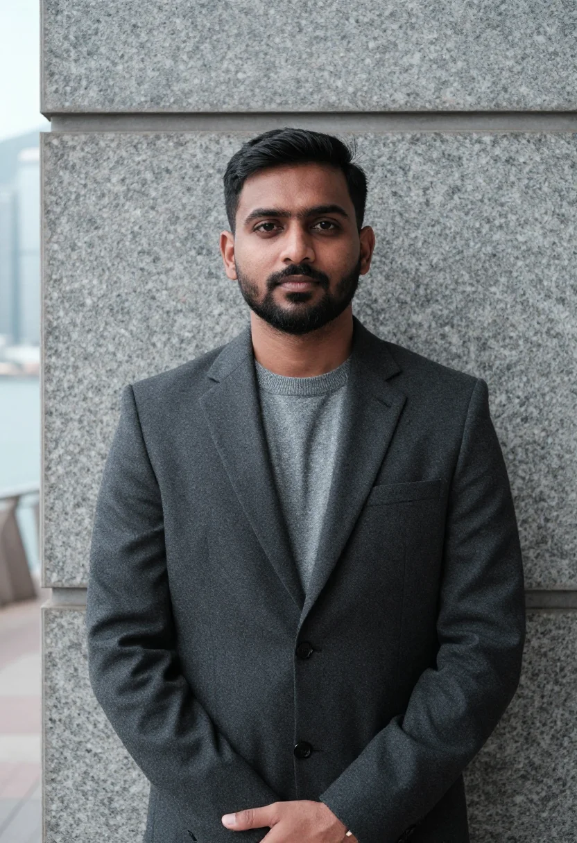 AI hong kong central barrister grey glass sample — portrait of a man, an Indian barrister in his late thirties