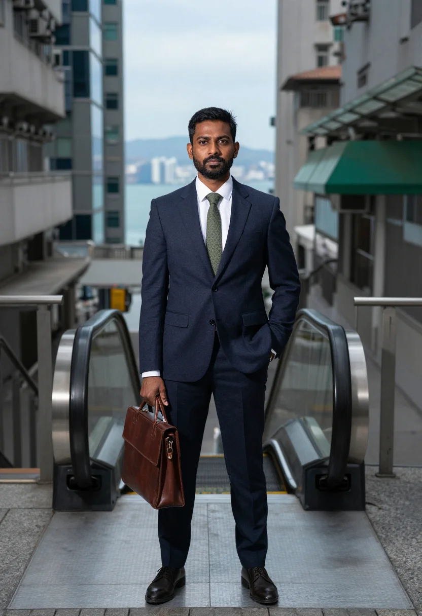 AI hong kong central sample — portrait of a man, full-length portrait of a South Asian man