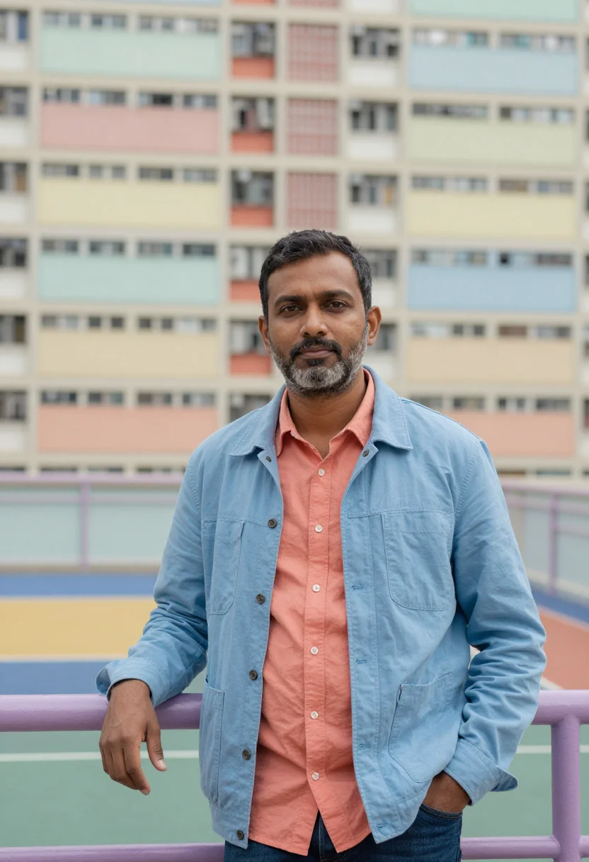 AI hong kong estate architect rainbow palette sample — portrait of a man, an Indian architect in his mid-forties wi