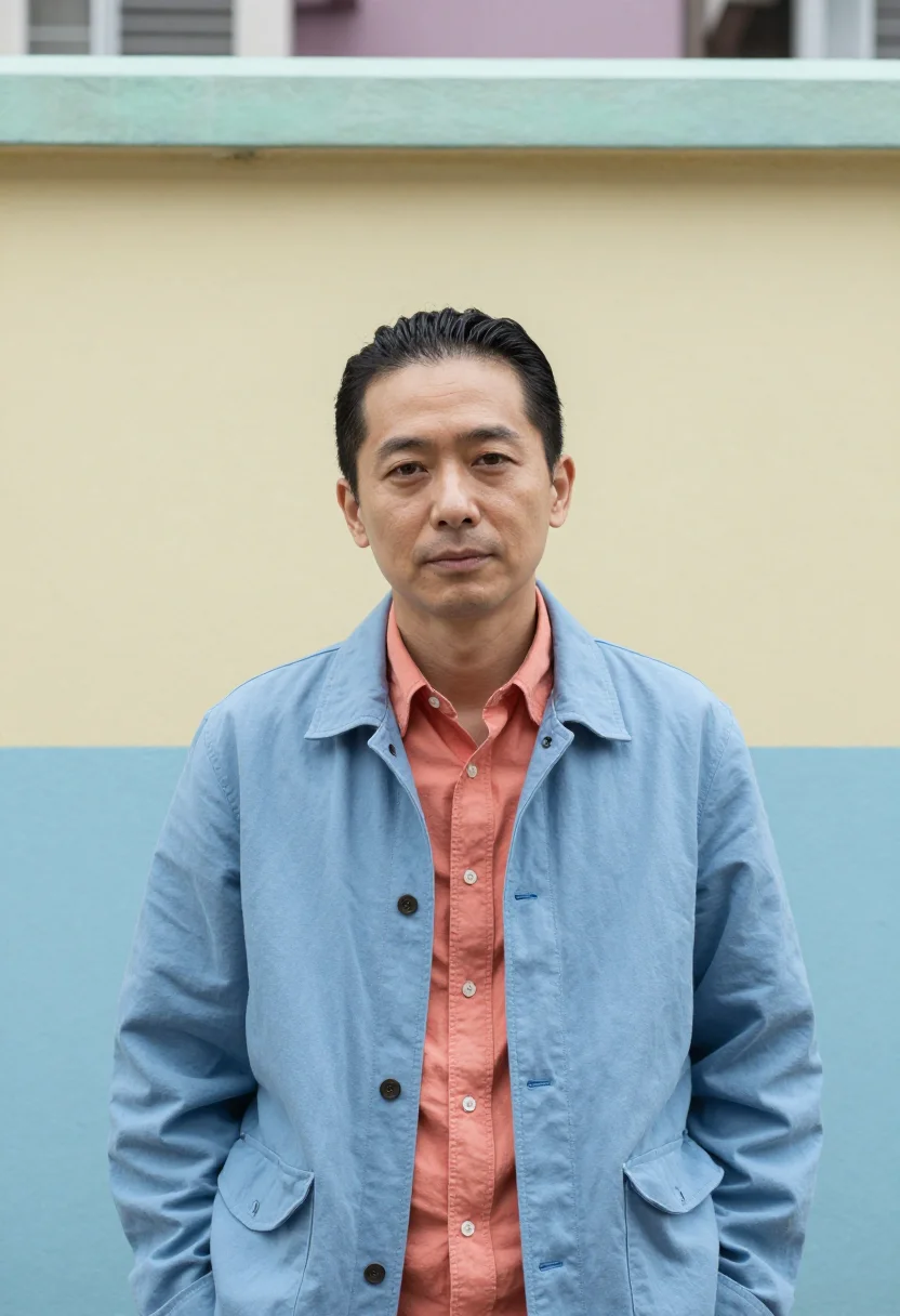 AI hong kong estate architect rainbow palette sample — portrait of a man, a Japanese architect in his mid-forties w