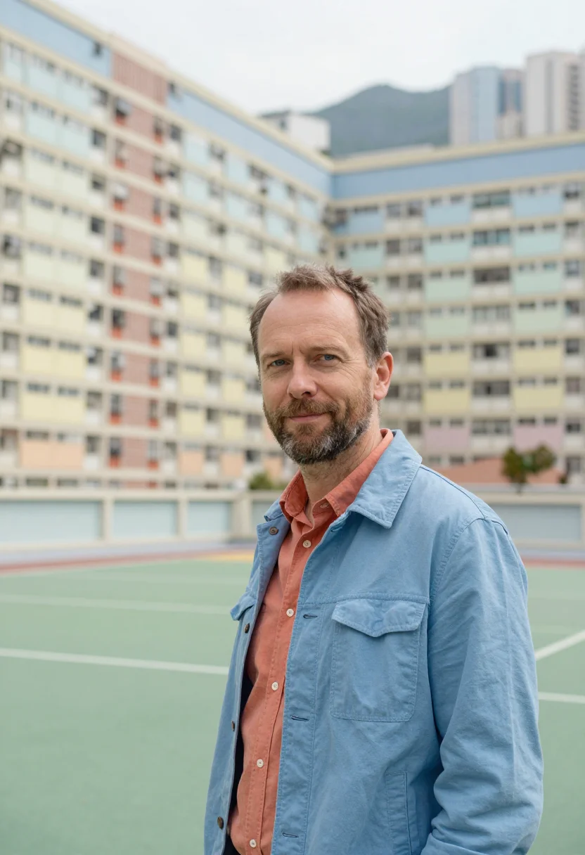 AI hong kong estate architect rainbow palette sample — portrait of a man, a Danish architect in his mid-forties wit