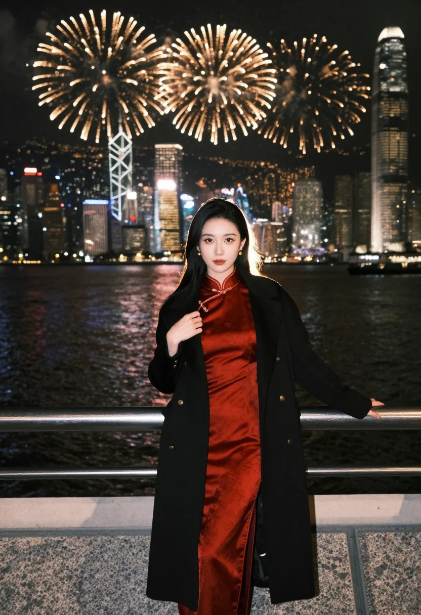 AI hong kong harbour nye sample — portrait of a woman, full-length three-quarter portrait of a