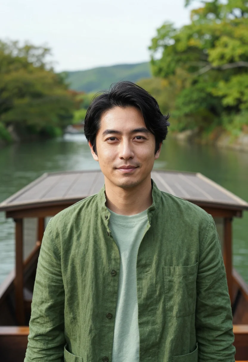 AI hoshinoya kyoto arashiyama river cedar sample — portrait of a man, a Japanese guest in his early thirties wi