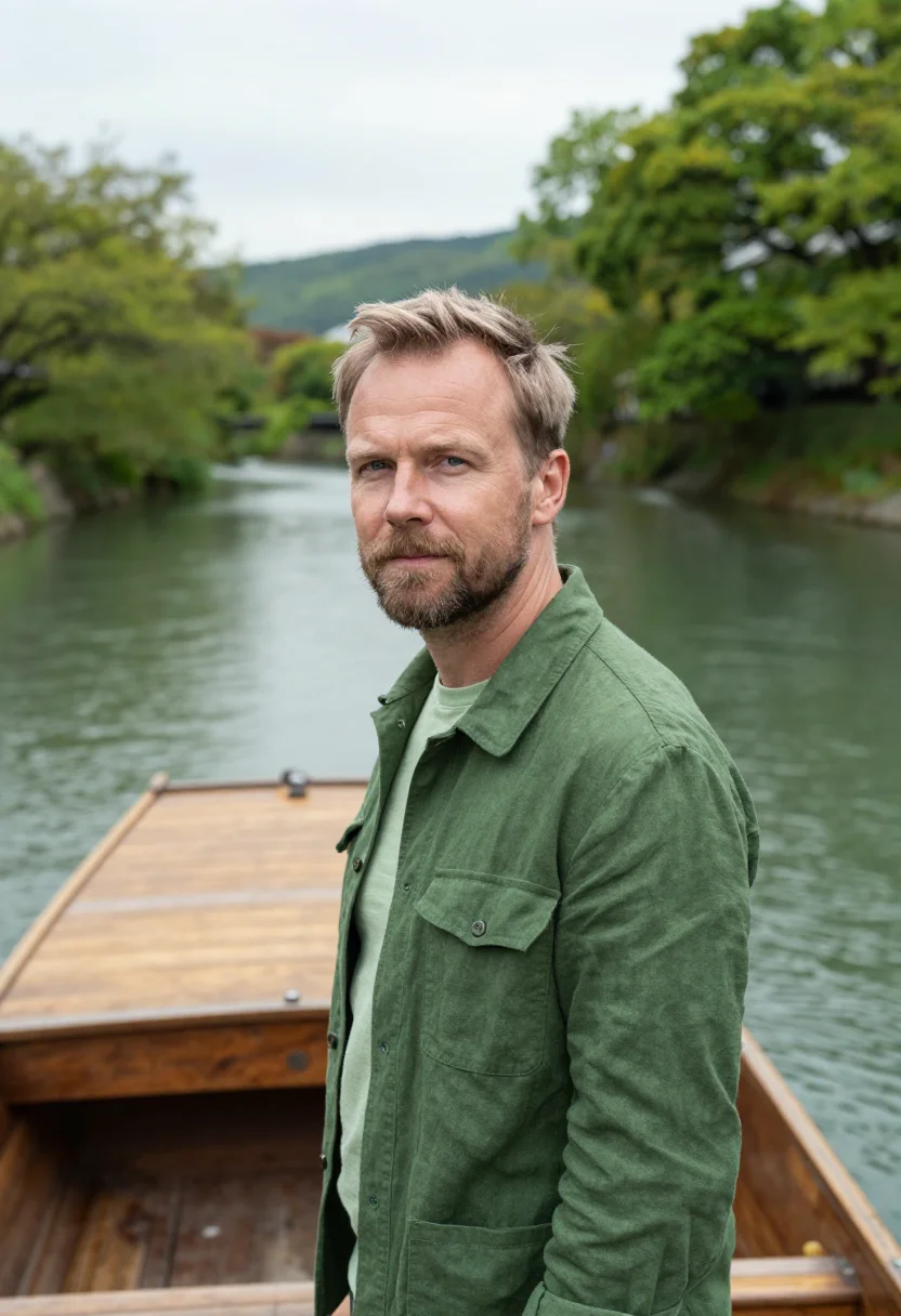 AI hoshinoya kyoto arashiyama river cedar sample — portrait of a man, a Swedish guest in his mid-forties with f