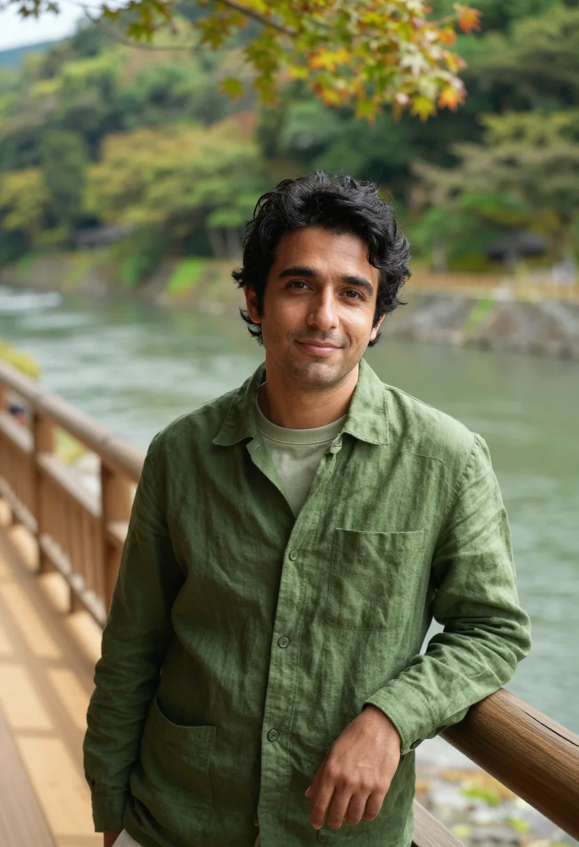 AI hoshinoya kyoto arashiyama river cedar sample — portrait of a man, an Italian guest in his late thirties wit