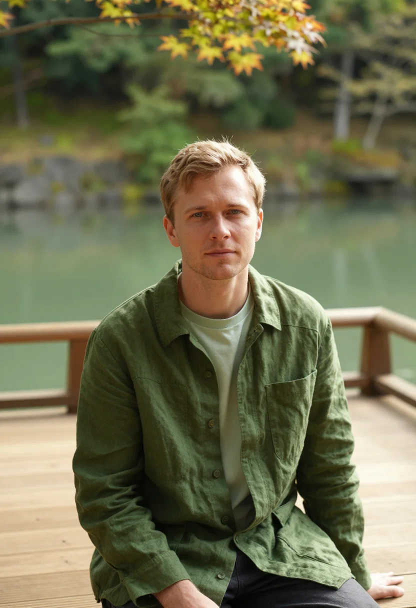 AI hoshinoya kyoto arashiyama river cedar sample — portrait of a man, a German guest in his early thirties with