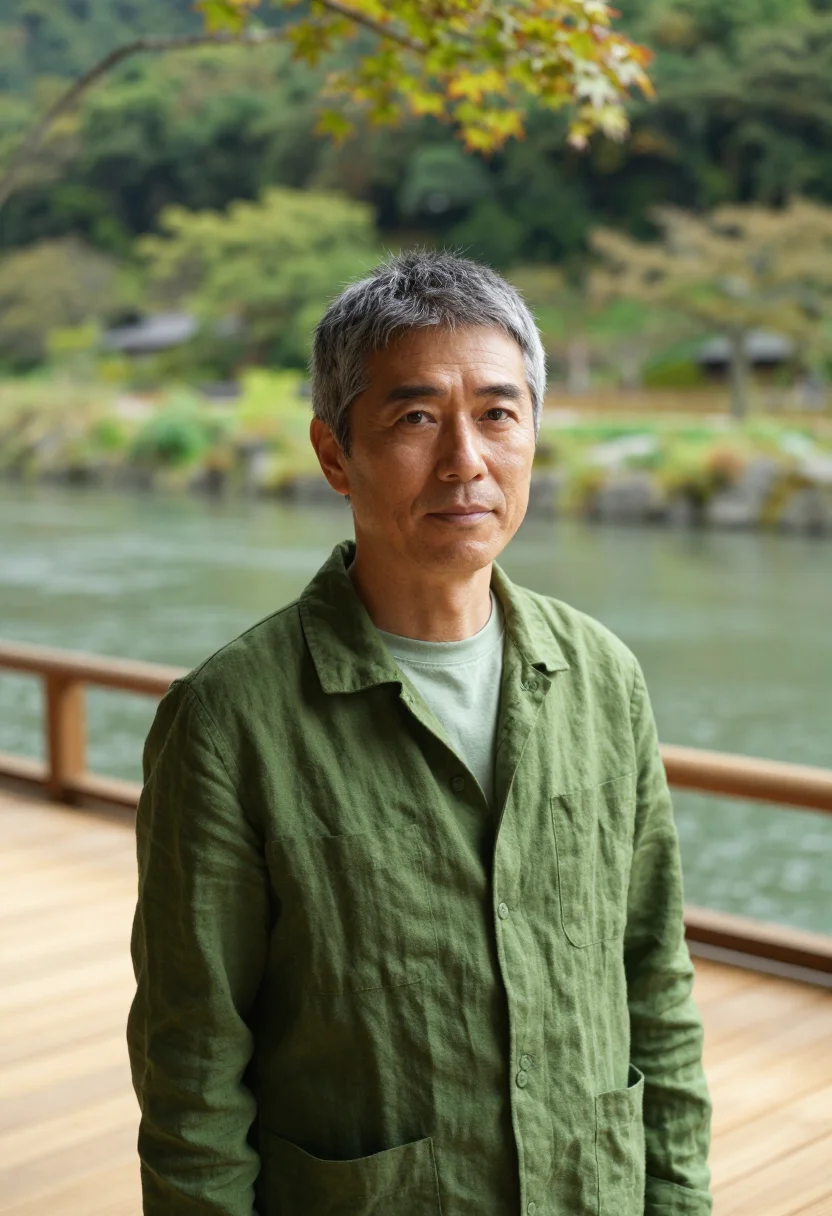AI hoshinoya kyoto arashiyama river cedar sample — portrait of a man, a Japanese guest in his mid-fifties with