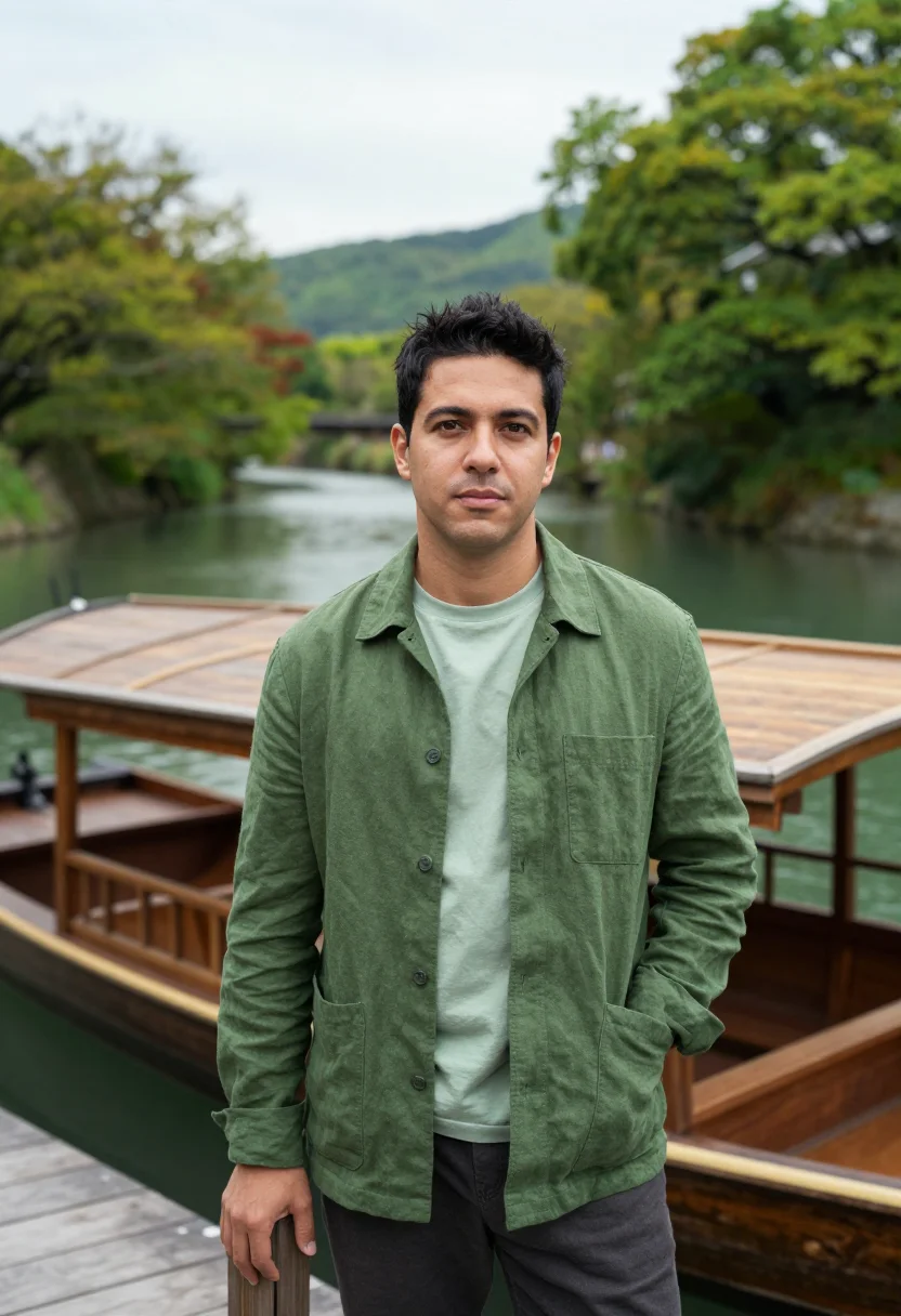 AI hoshinoya kyoto arashiyama river cedar sample — portrait of a man, a Spanish guest in his early forties with