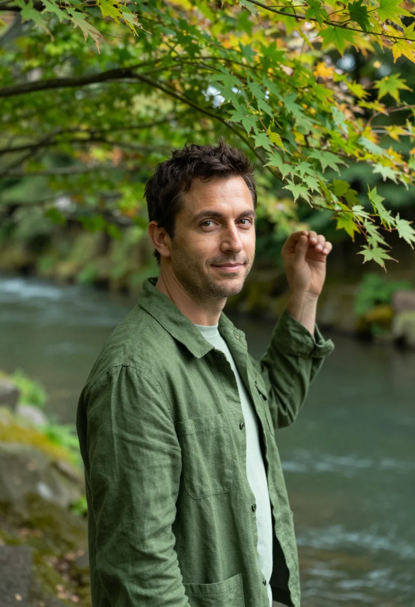 AI hoshinoya kyoto arashiyama river cedar sample — portrait of a man, a French guest in his early forties with