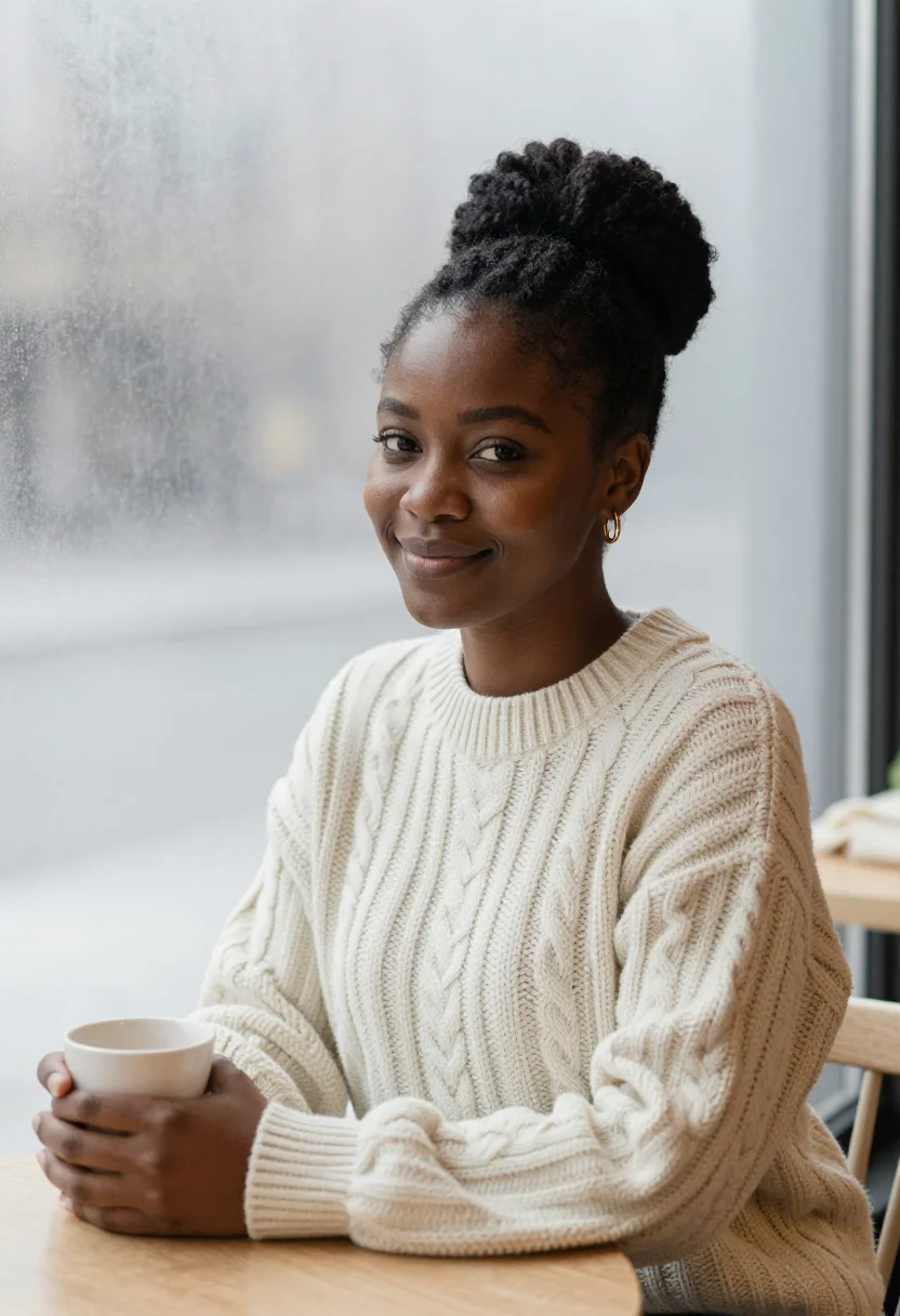 AI hot chocolate cream sample — portrait of a woman, chest-up winter portrait of a Black wom