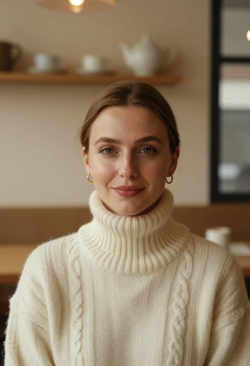 AI hot chocolate cream sample — portrait of a woman, tight head-and-shoulders winter portrai