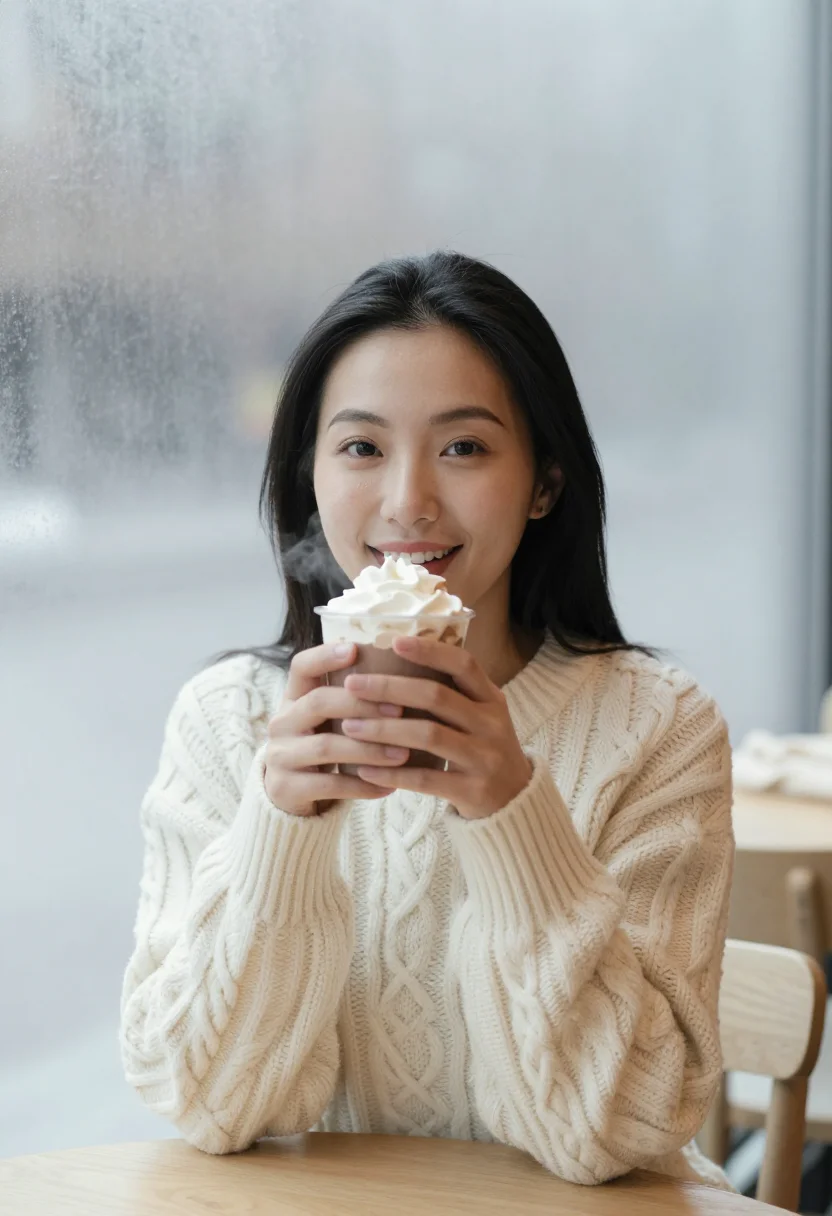AI hot chocolate cream sample — portrait of a woman, upper-chest winter portrait of an East-