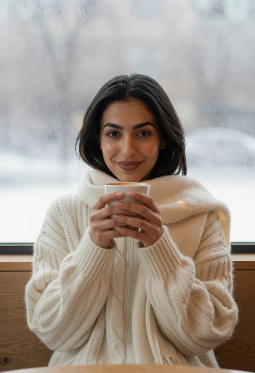AI hot chocolate cream sample — portrait of a woman, upper-chest winter portrait of a Middle