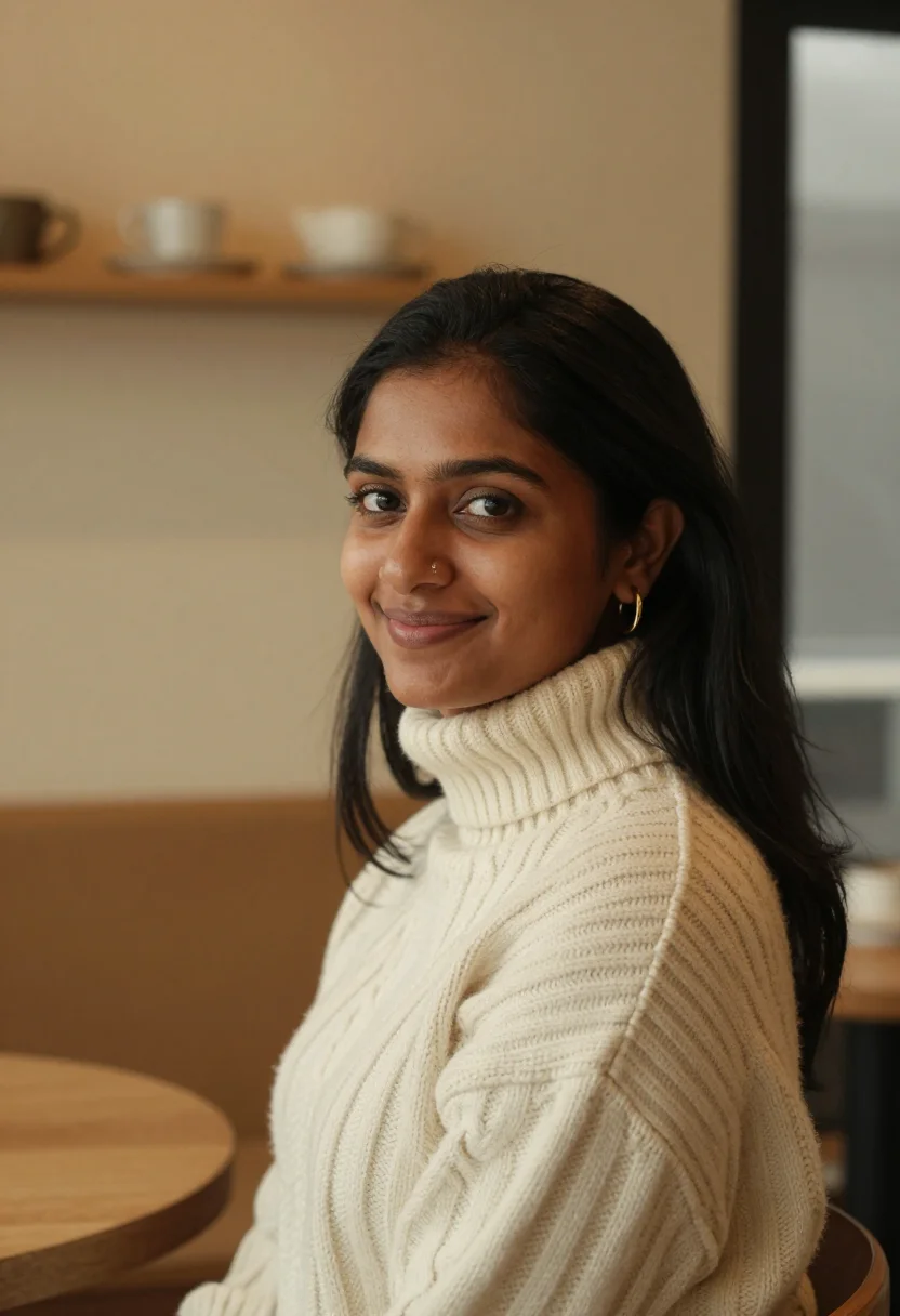 AI hot chocolate cream sample — portrait of a woman, tight head-and-shoulders winter portrai
