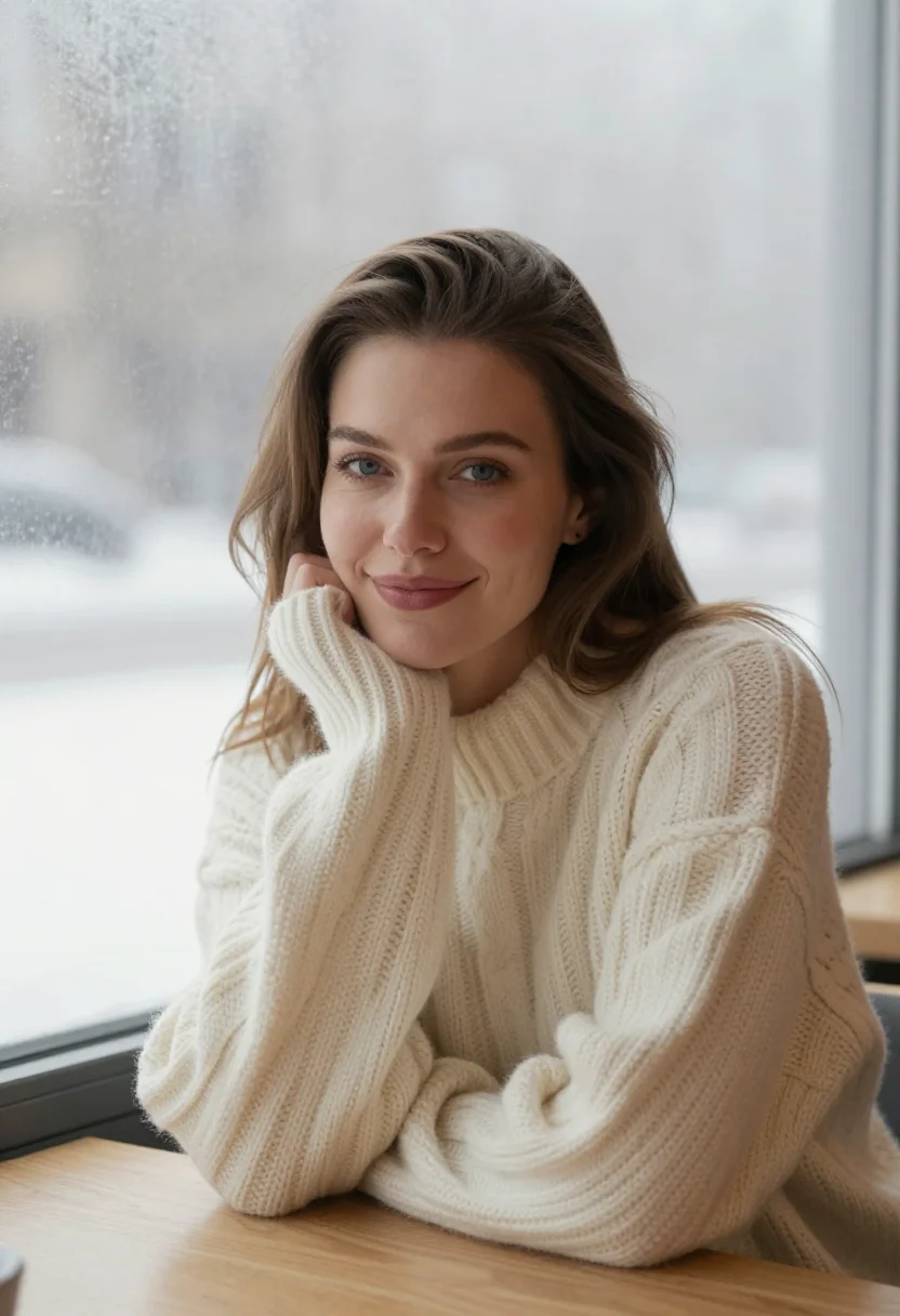 AI hot chocolate cream sample — portrait of a woman, upper-chest winter portrait of a Wester
