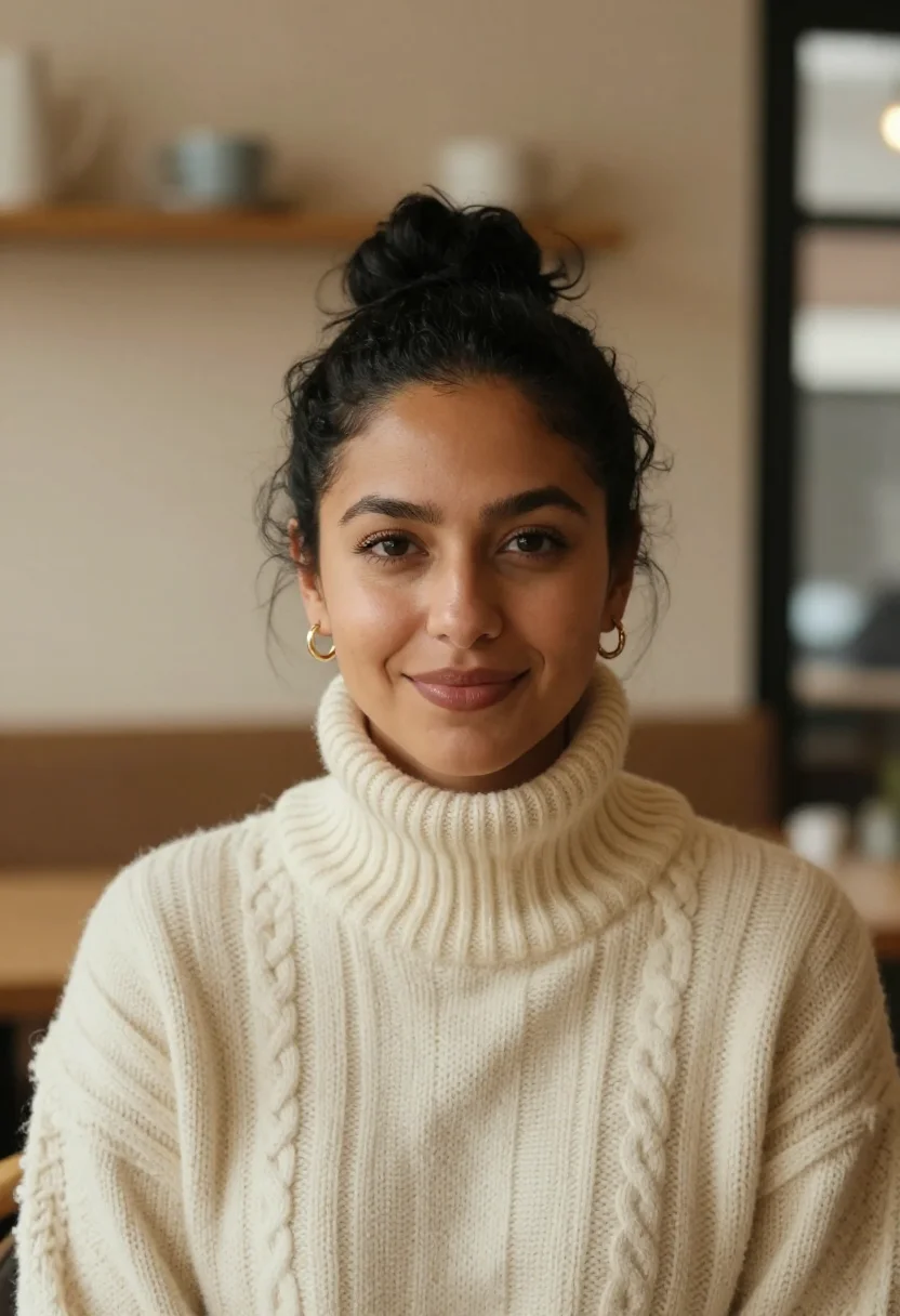 AI hot chocolate cream sample — portrait of a woman, tight head-and-shoulders winter portrai