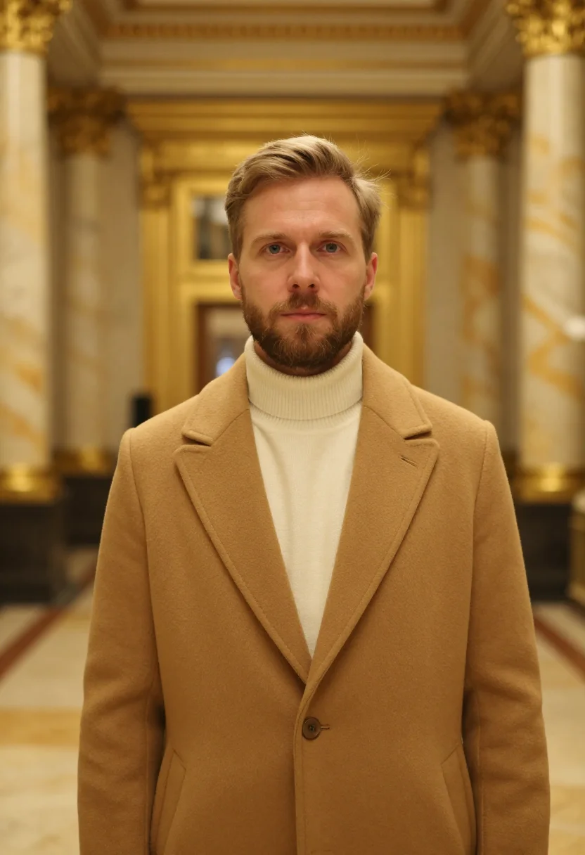 AI hotel adlon berlin brandenburg gate gold sample — portrait of a man, a German guest in his early forties with