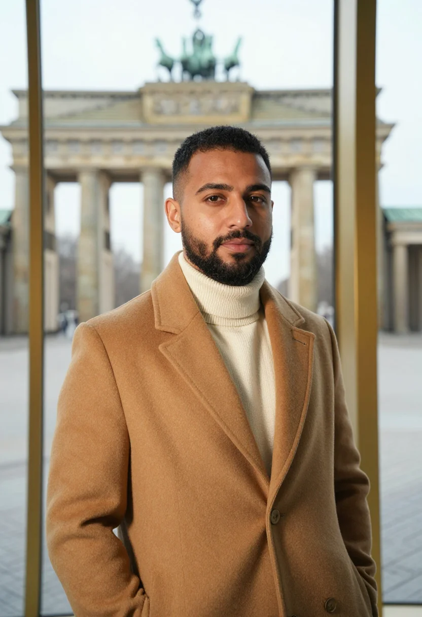 AI hotel adlon berlin brandenburg gate gold sample — portrait of a man, a Turkish-German guest in his mid-thirtie
