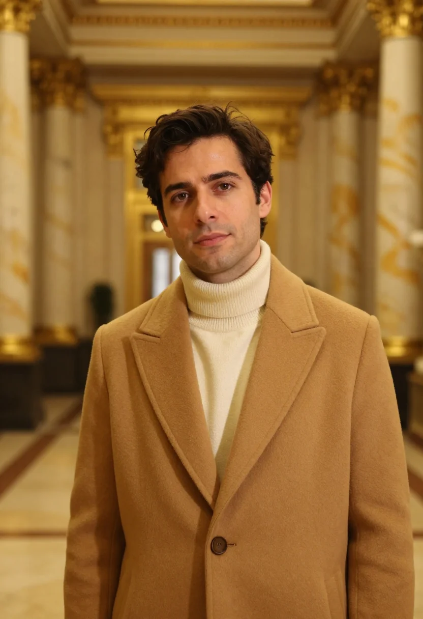 AI hotel adlon berlin brandenburg gate gold sample — portrait of a man, a French guest in his late thirties with