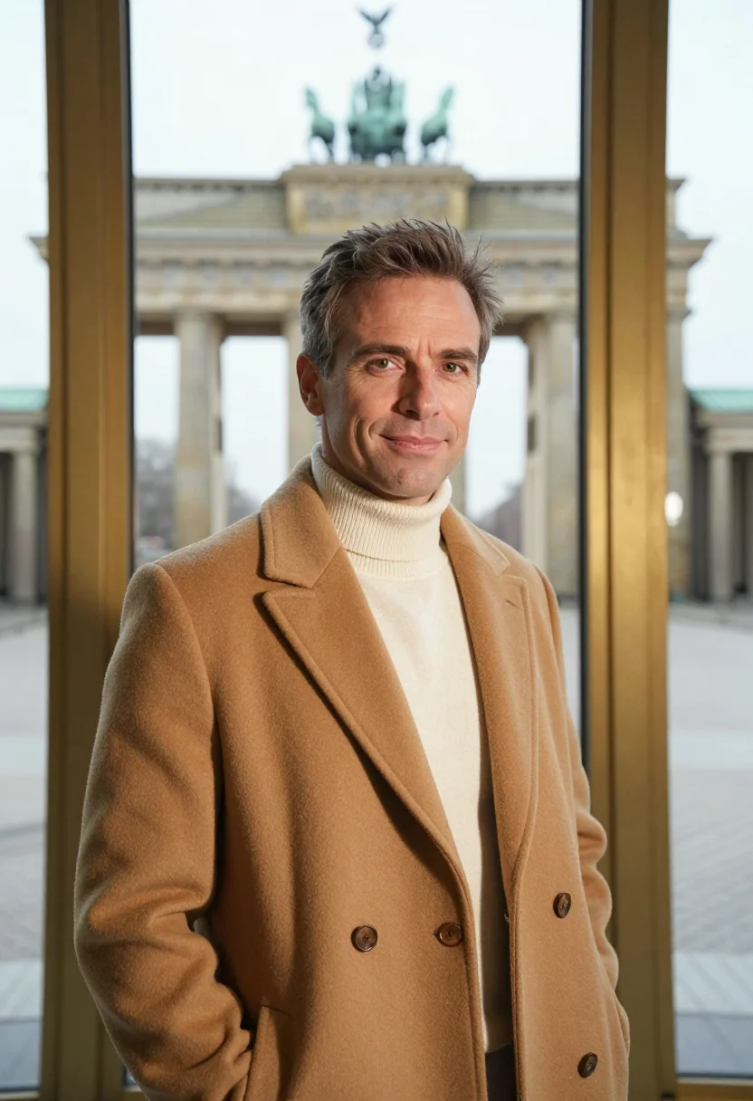 AI hotel adlon berlin brandenburg gate gold sample — portrait of a man, a British guest in his late forties with
