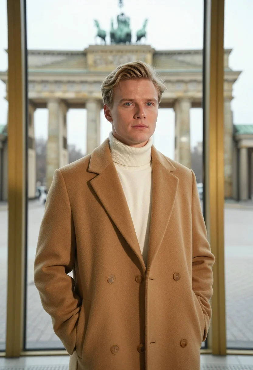 AI hotel adlon berlin brandenburg gate gold sample — portrait of a man, a Swedish guest in his early thirties wit
