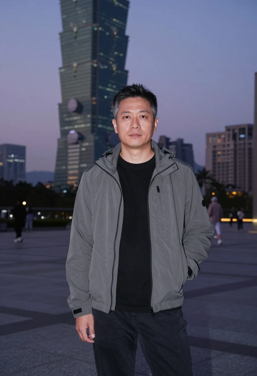 AI hsinchu fab sample — waist-up portrait of a Taiwanese man in his early forties wi