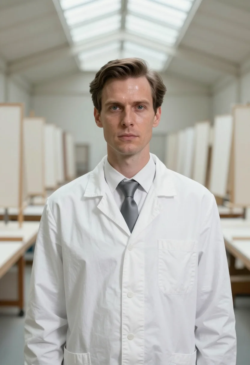 AI hubert de givenchy white smock sample — portrait of a man, framed tight, head and shoulders, the bod