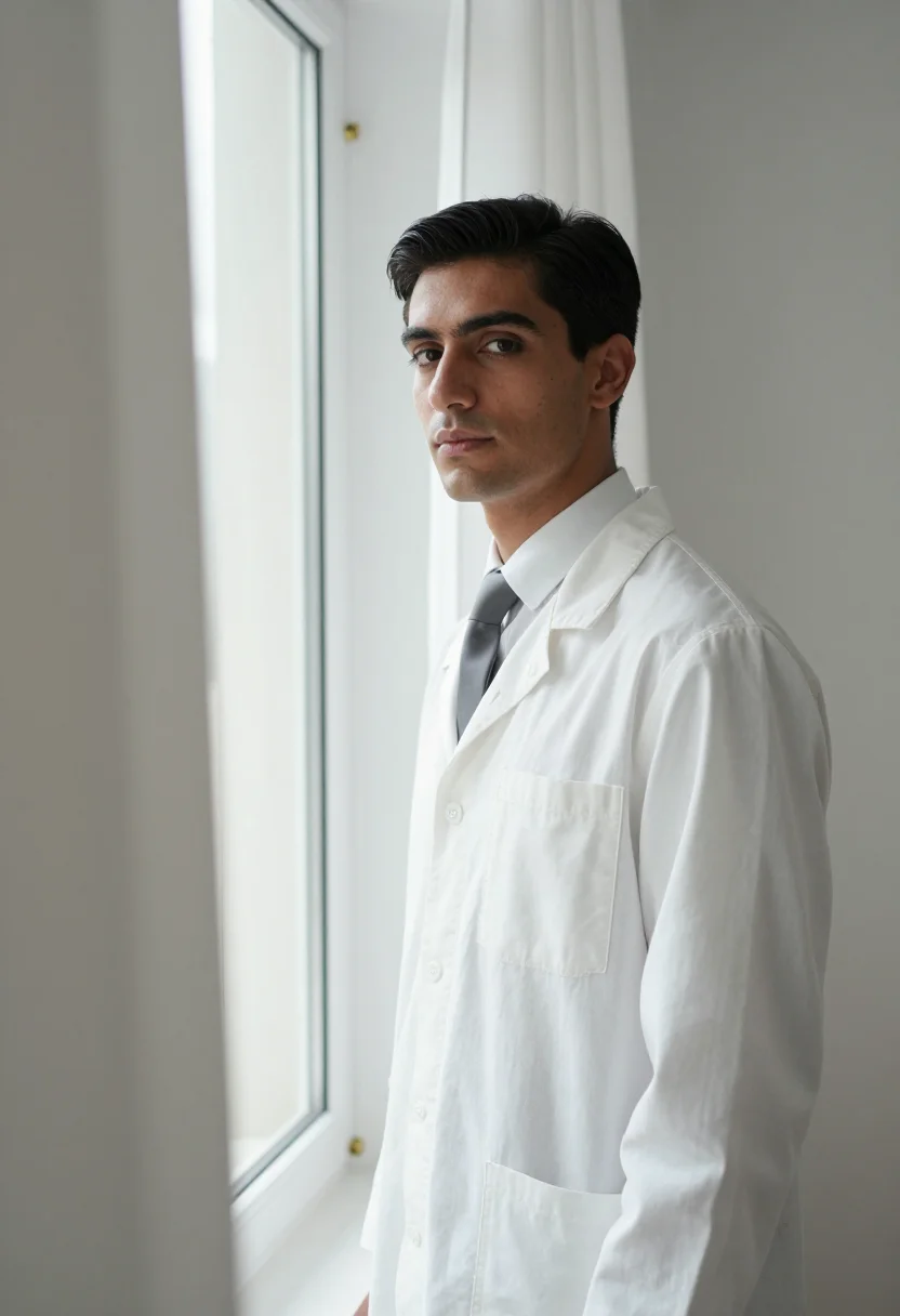 AI hubert de givenchy white smock sample — portrait of a man, framed tight, head and shoulders, the bod