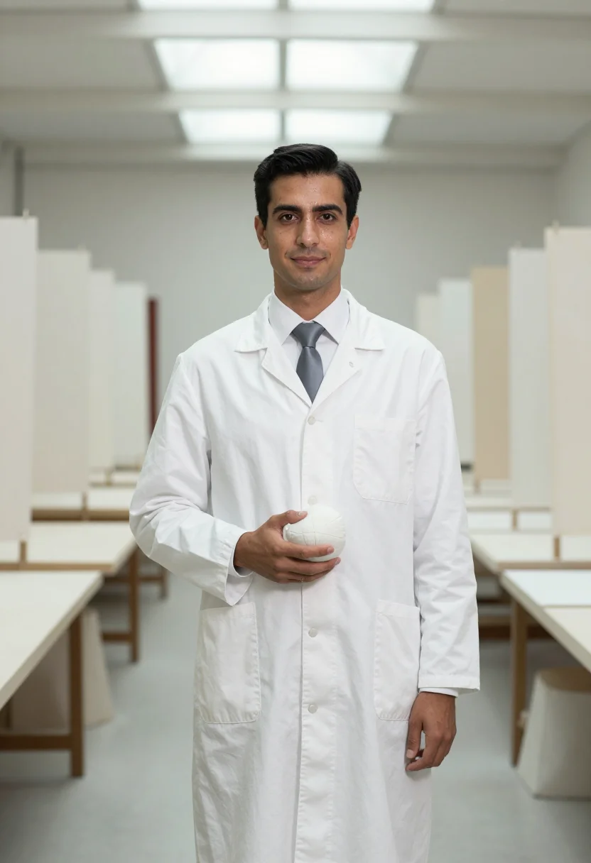 AI hubert de givenchy white smock sample — portrait of a man, framed half-length from the head to the h