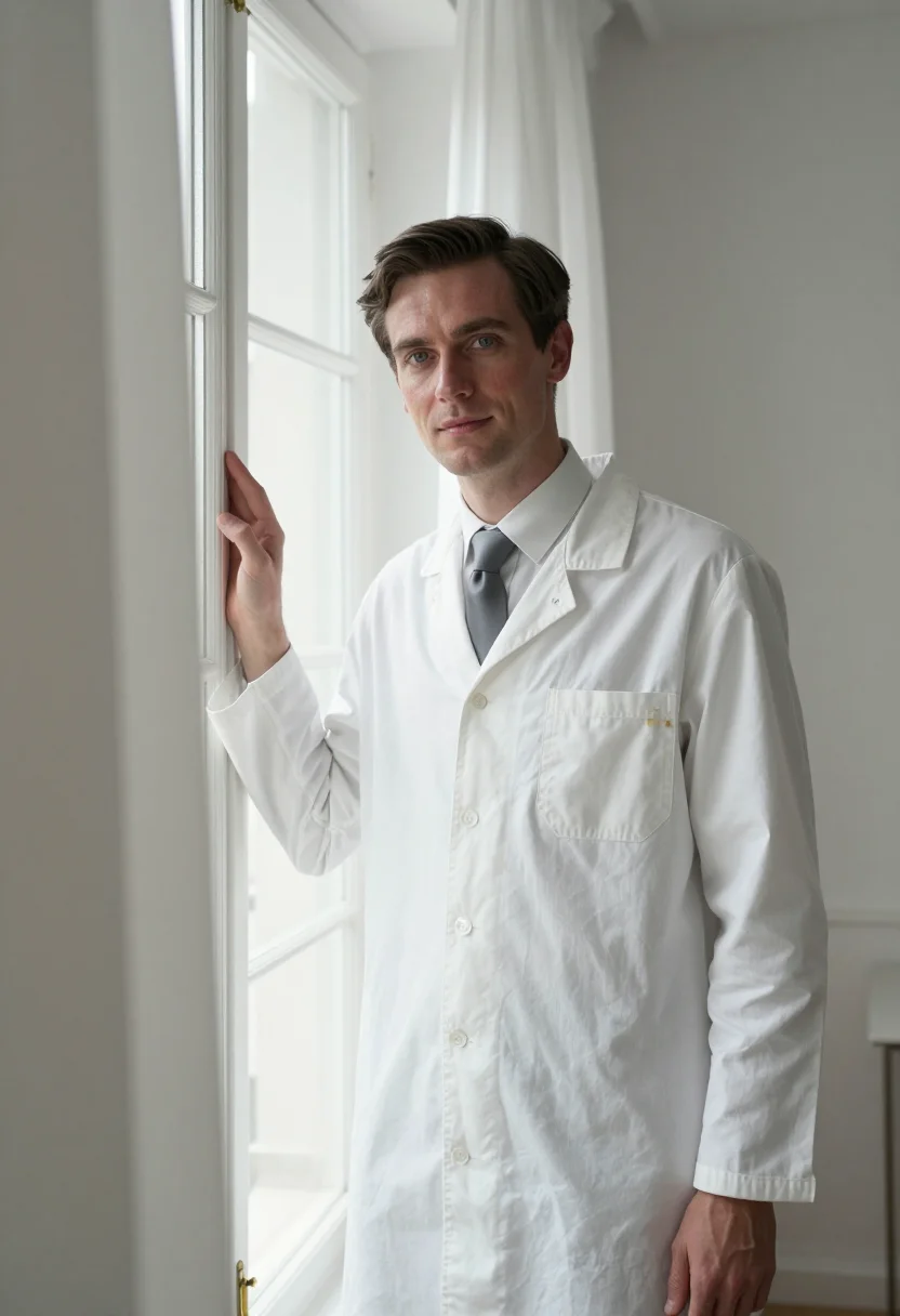 AI hubert de givenchy white smock sample — portrait of a man, framed chest-up, cropped at the ribs, the