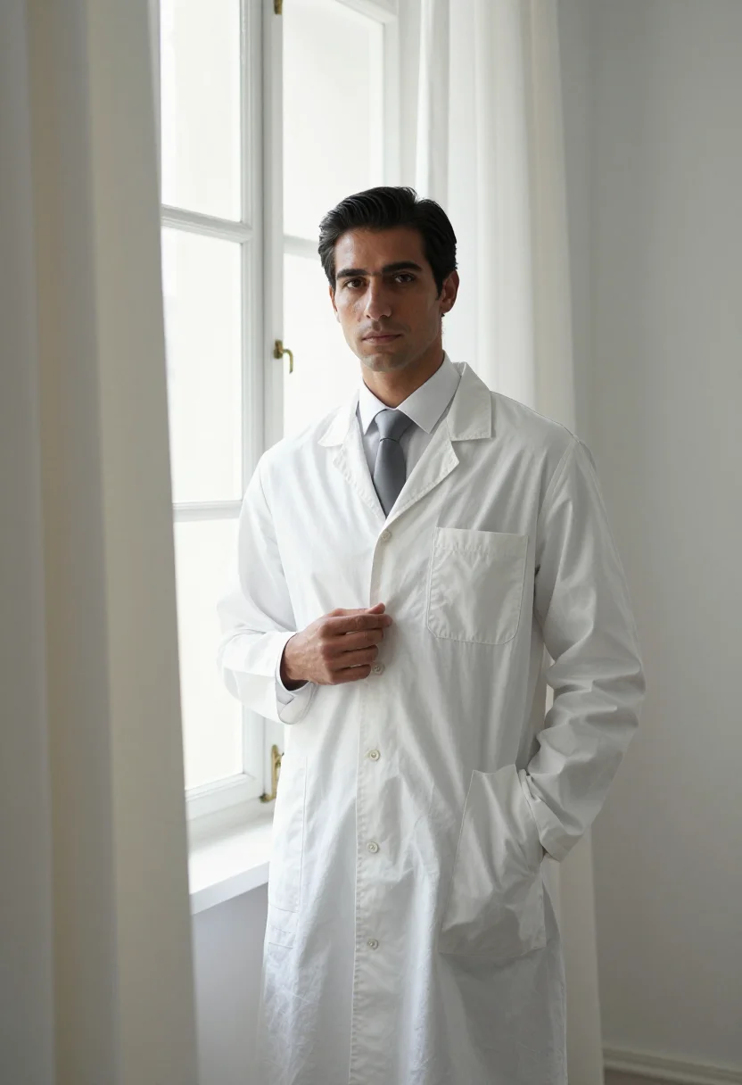 AI hubert de givenchy white smock sample — portrait of a man, framed half-length from the head to the h