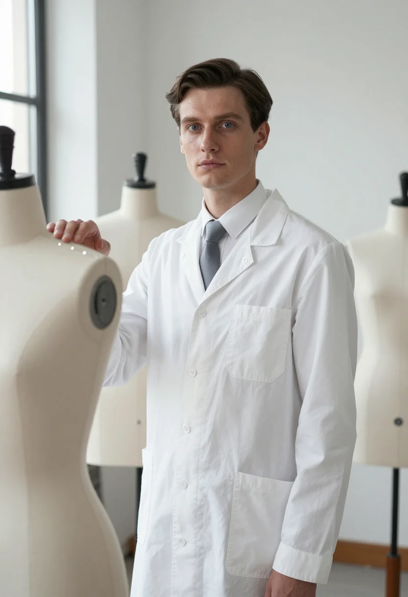 AI hubert de givenchy white smock sample — portrait of a man, framed chest-up, cropped at the ribs, the