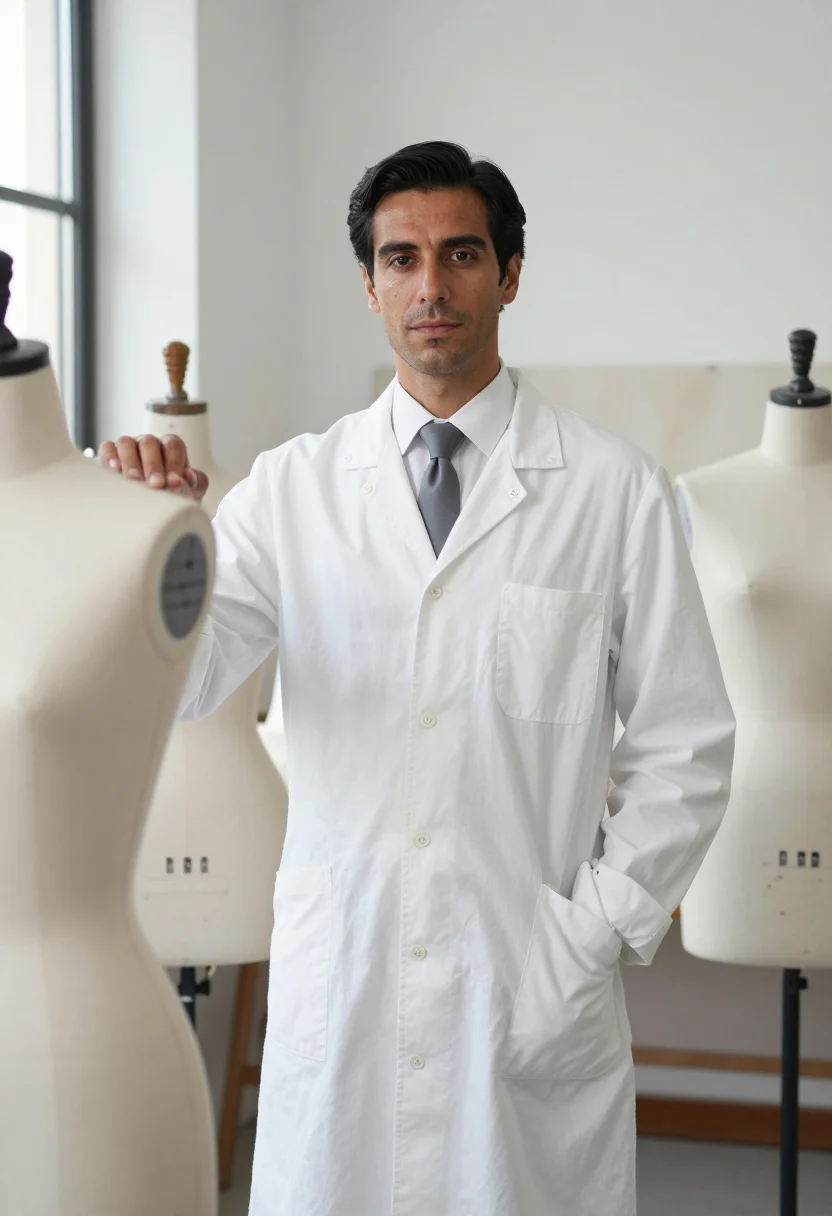 AI hubert de givenchy white smock sample — portrait of a man, framed half-length from the head to the h
