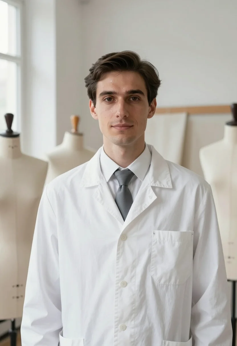 AI hubert de givenchy white smock sample — portrait of a man, framed tight, head and shoulders, the bod