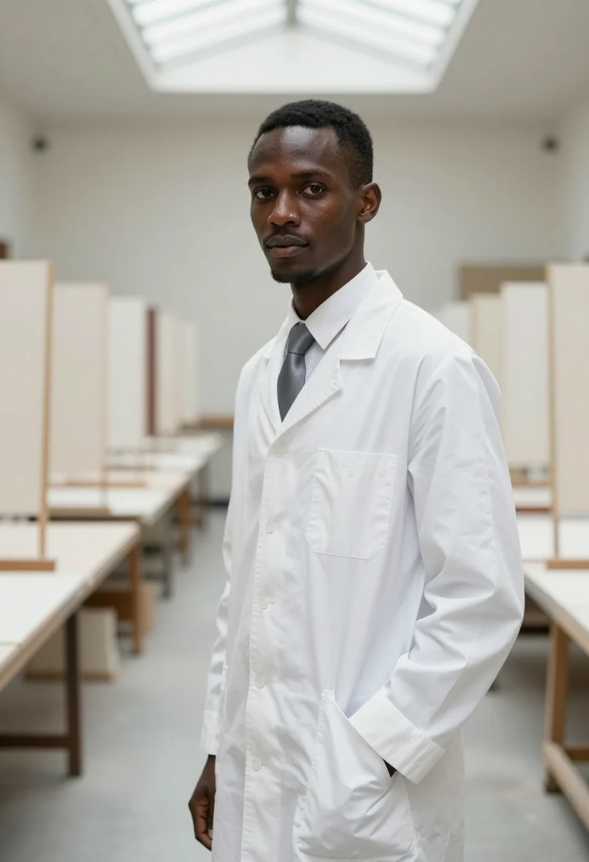 AI hubert de givenchy white smock sample — portrait of a man, framed chest-up, cropped at the ribs, the