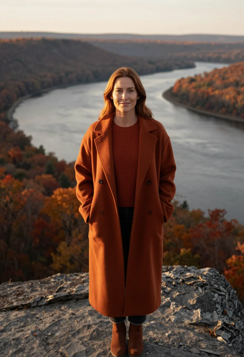 AI hudson valley october rust sample — portrait of a woman, framed chest-up from the ribs with the