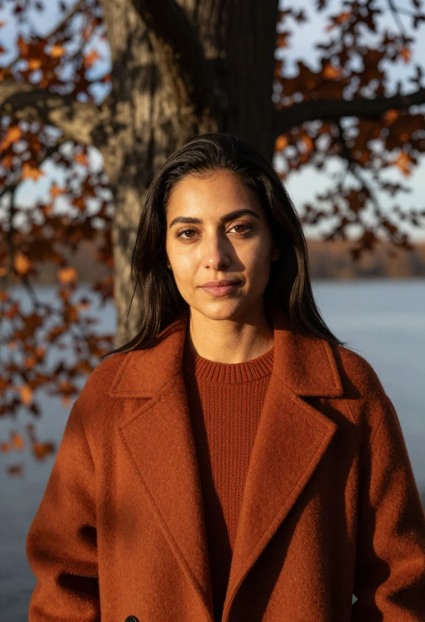 AI hudson valley october rust sample — portrait of a woman, framed tight, head and shoulders, the b