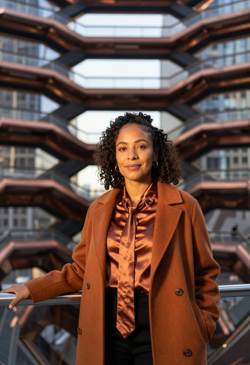 AI hudson yards founder copper sample — portrait of a woman, framed half-length from the head to the