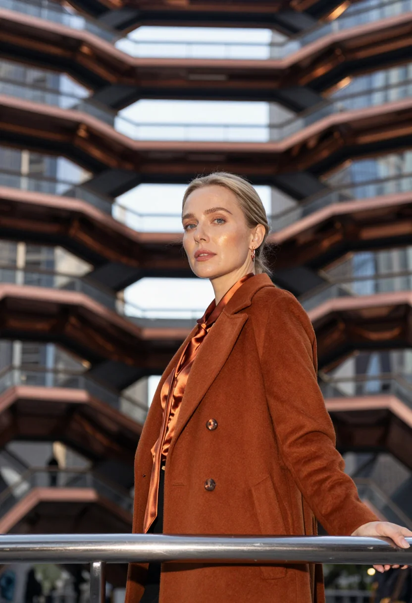 AI hudson yards founder copper sample — portrait of a woman, framed chest-up, cropped at the ribs, t