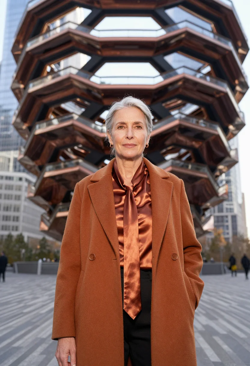 AI hudson yards founder copper sample — portrait of a woman, framed half-length from the head to the