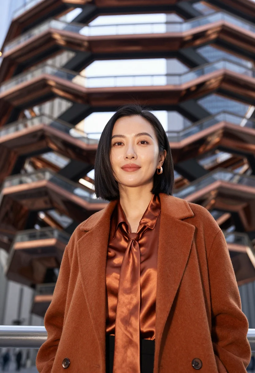 AI hudson yards founder copper sample — portrait of a woman, framed tight, head and shoulders, the b