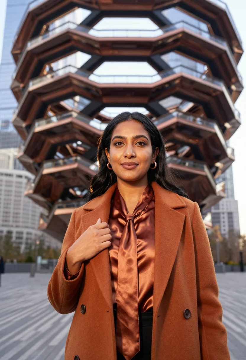 AI hudson yards founder copper sample — portrait of a woman, framed chest-up, cropped at the ribs, t
