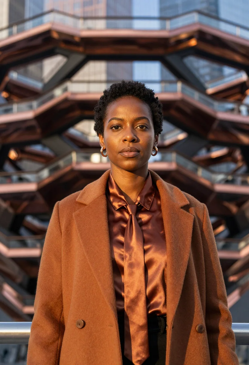 AI hudson yards founder copper sample — portrait of a woman, framed chest-up, cropped at the ribs, t