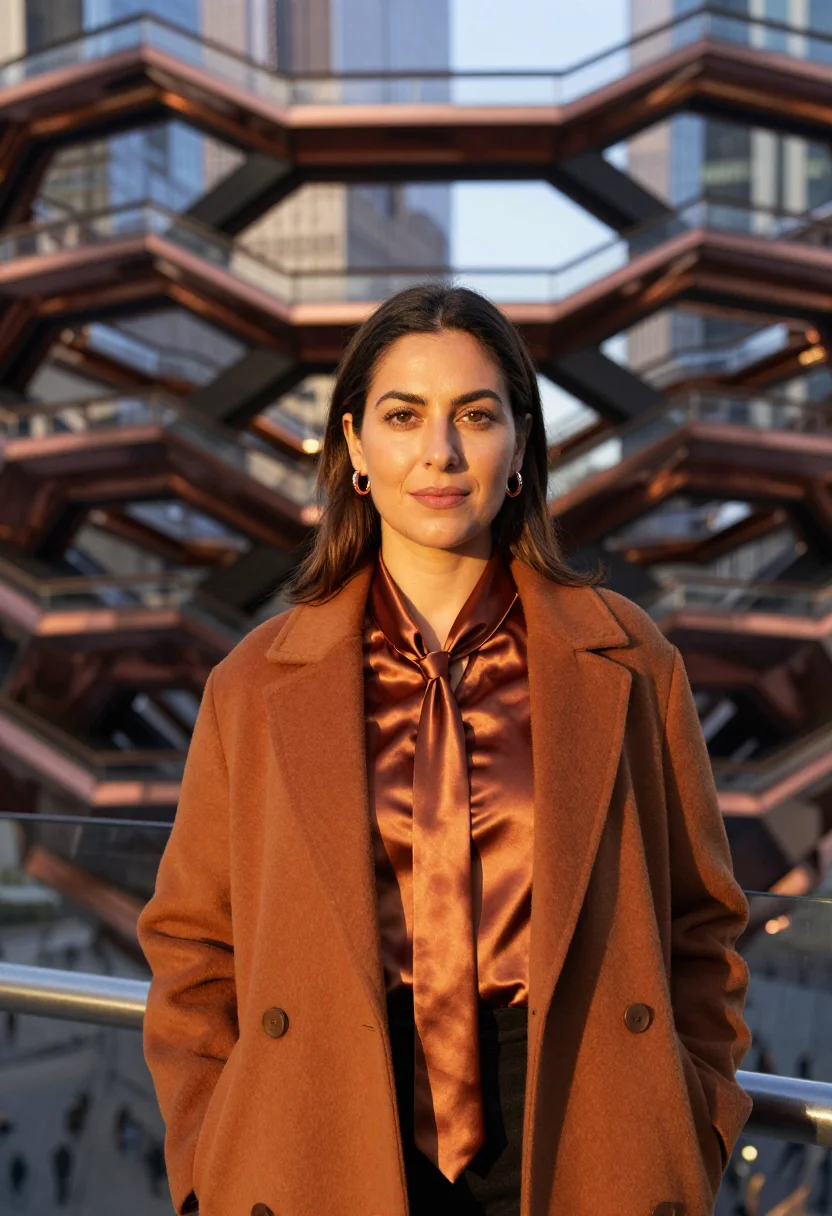 AI hudson yards founder copper sample — portrait of a woman, framed half-length from the head to the