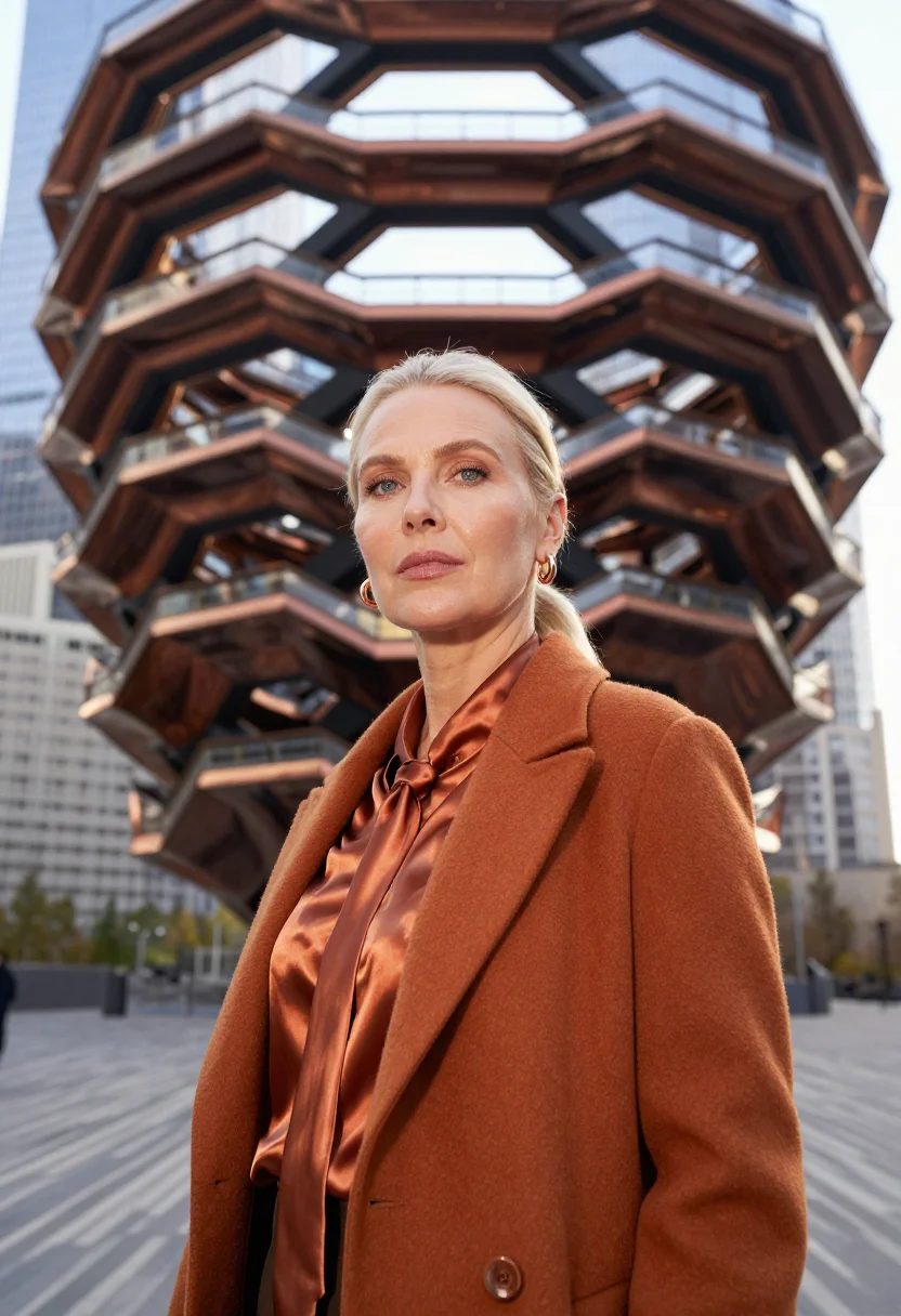AI hudson yards founder copper sample — portrait of a woman, framed tight, head and shoulders, the b
