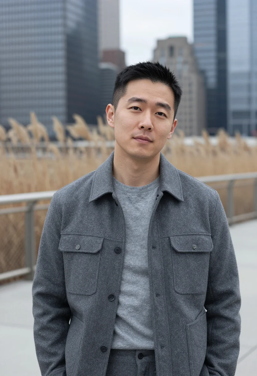 AI hudson yards founder slate sample — portrait of a man, tight head-and-shoulders portrait of a Ko