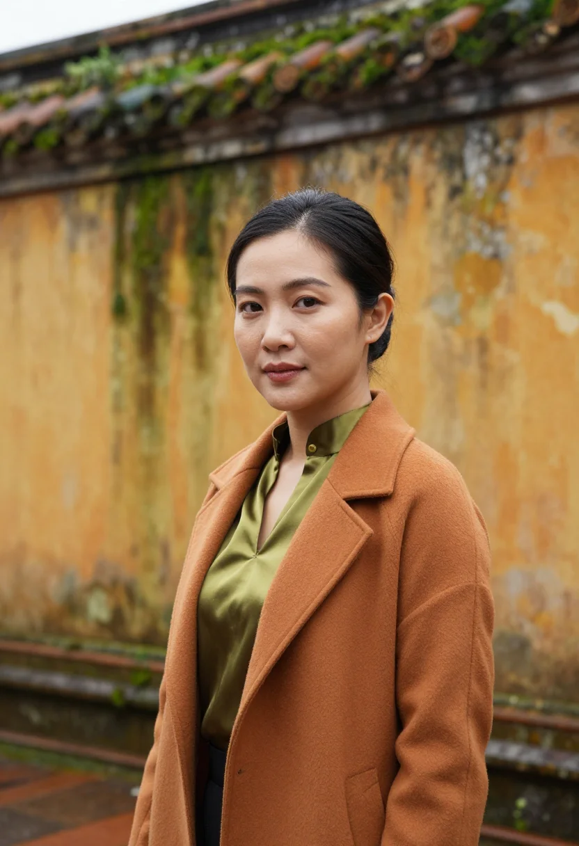AI hue imperial conservator moss ochre sample — portrait of a woman, a conservator in her early forties of V