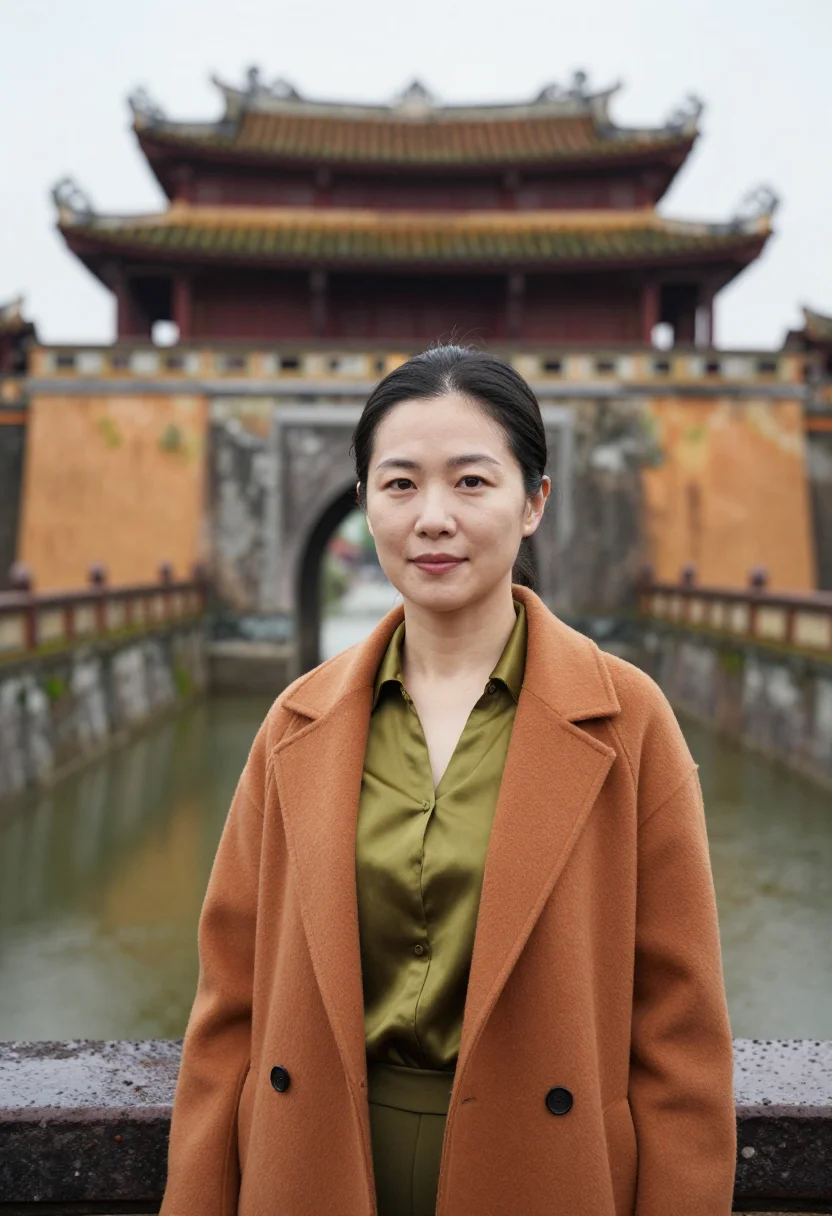 AI hue imperial conservator moss ochre sample — portrait of a woman, a conservator in her late thirties of J